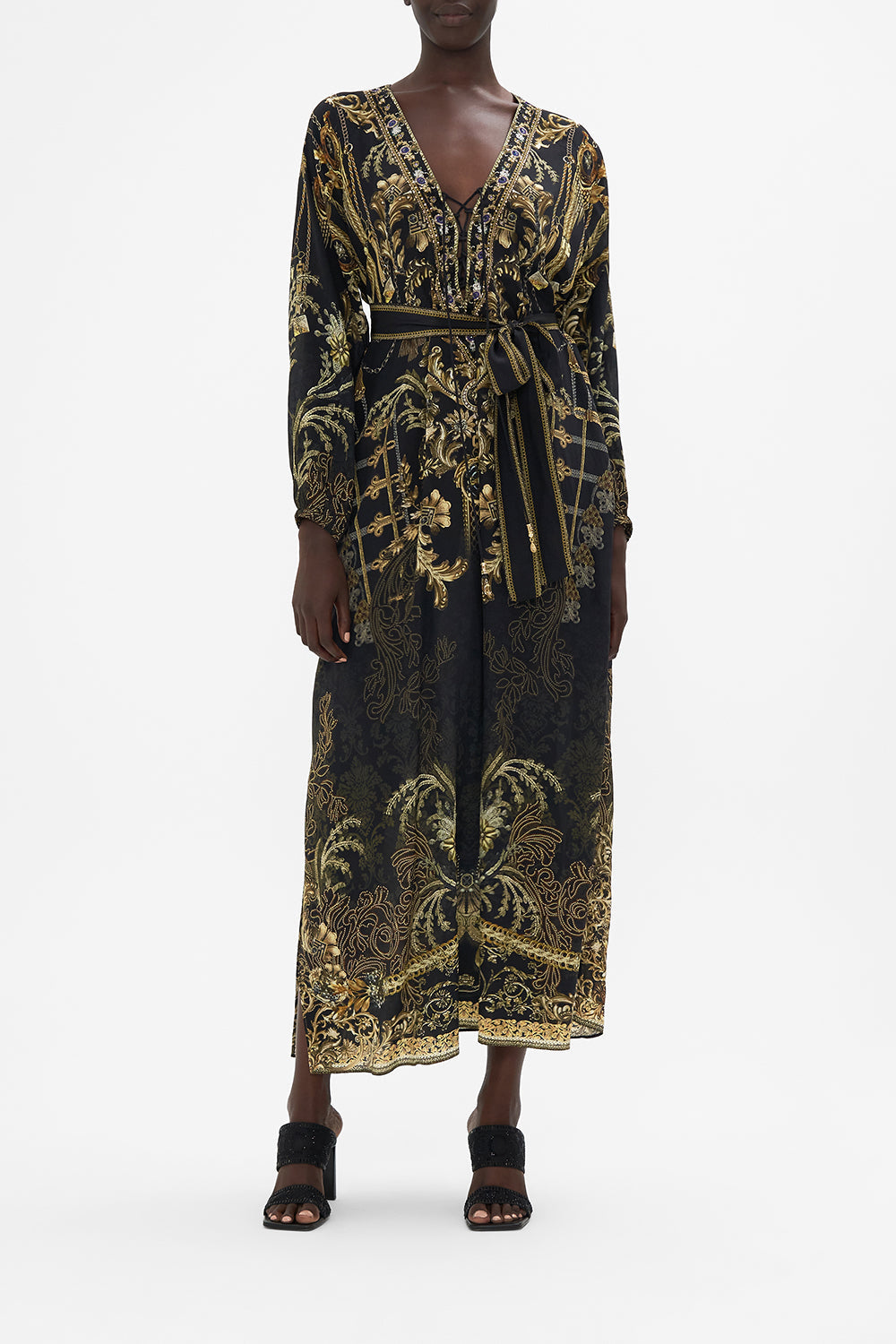 Tie Front V Neck Dress The Night Is Noir print by CAMILLA