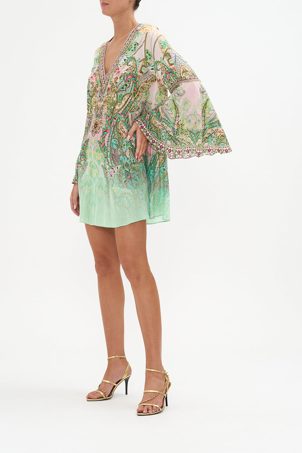 V-NECK FLARED SLEEVE MINI DRESS LOST CITY