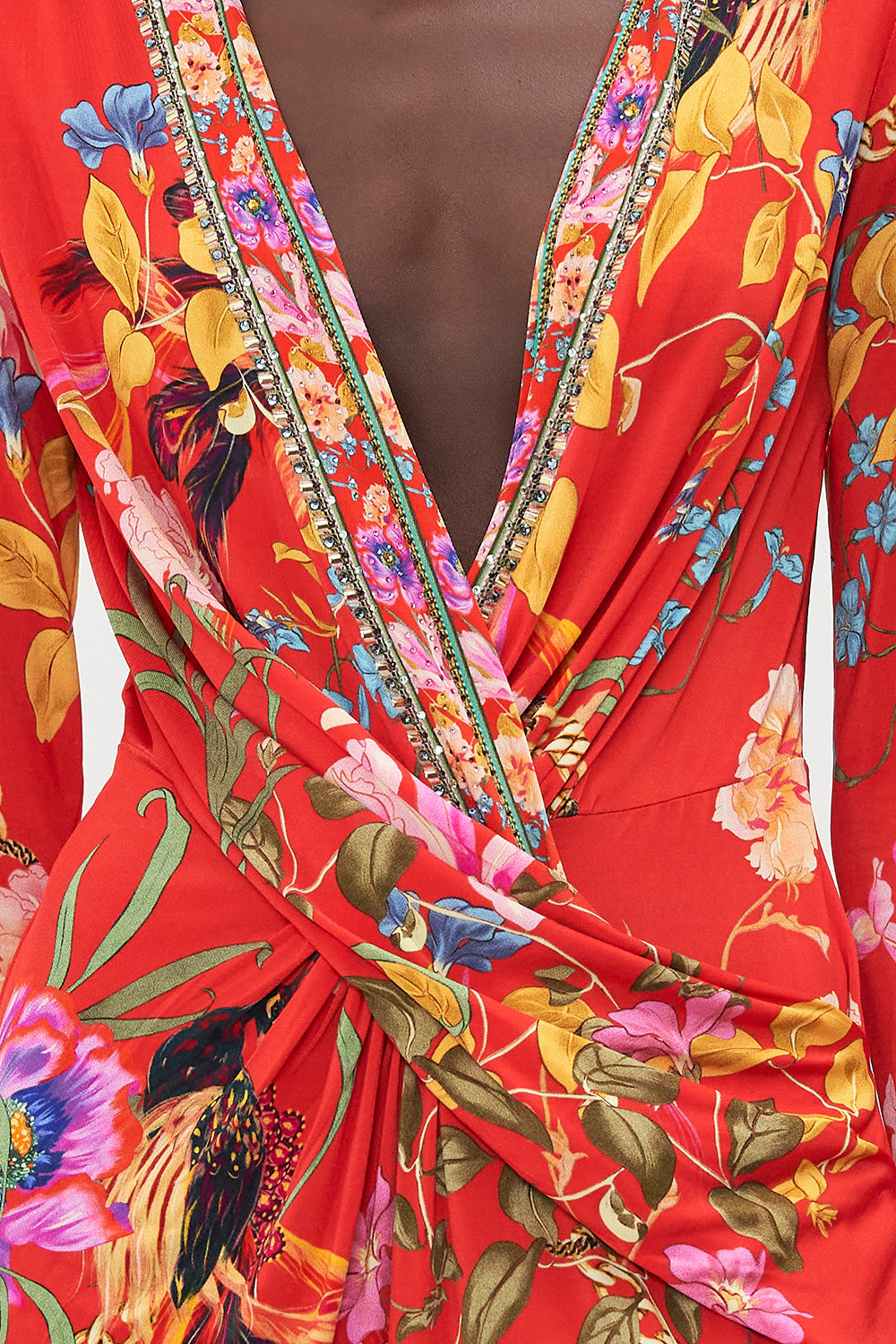 V-NECK CROSS FRONT DRESS RUFFLE SOME FEATHERS