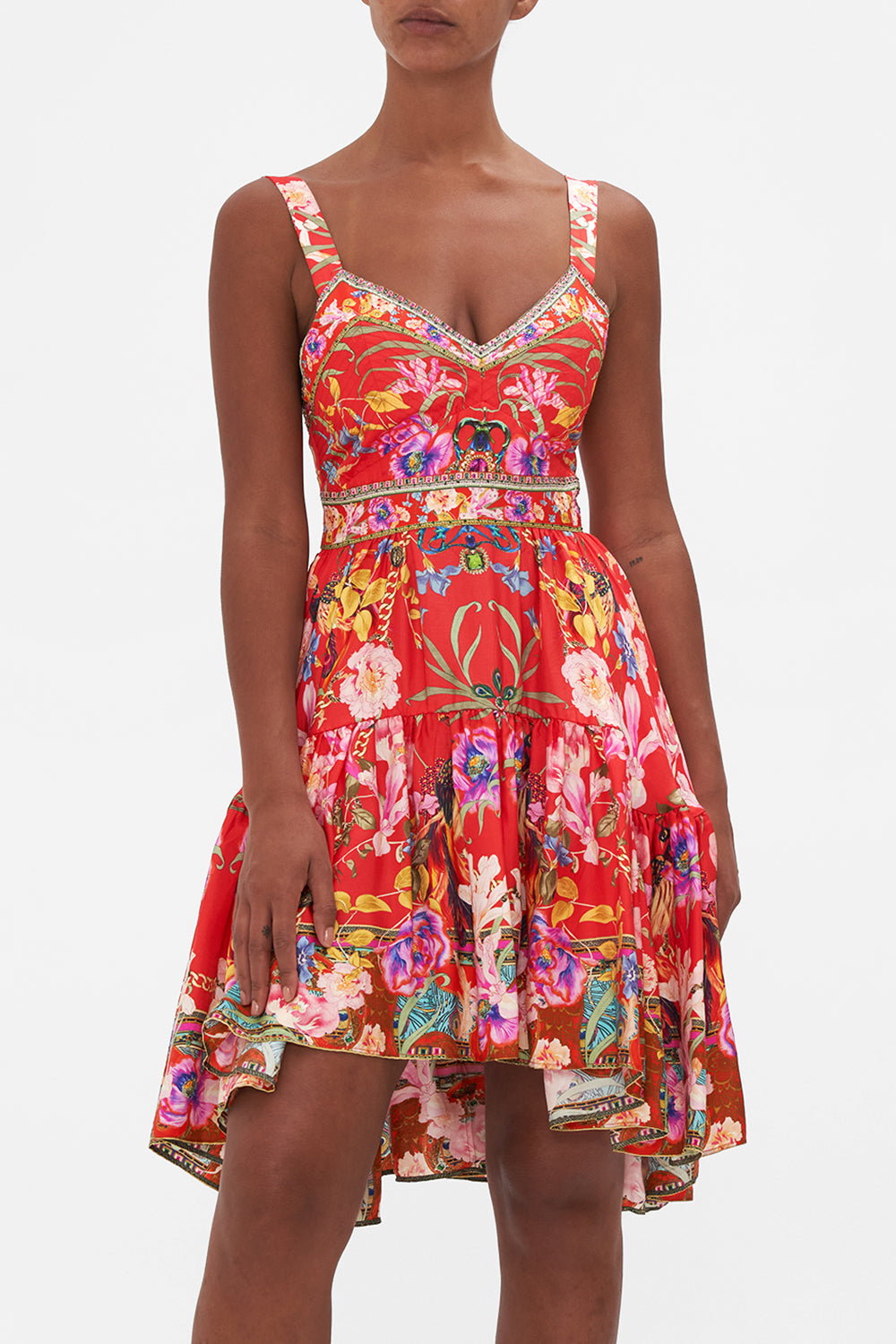 SHORT DRESS WITH FITTED BODICE RUFFLE SOME FEATHERS