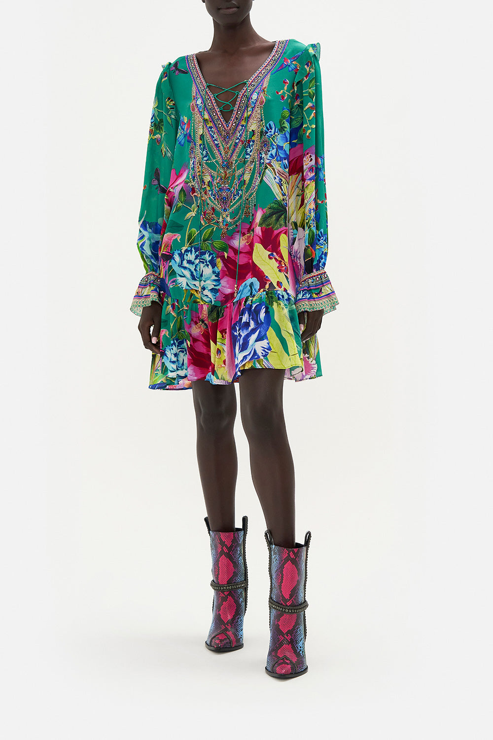 RUFFLE LACE UP DRESS RUN FROM PARADISE