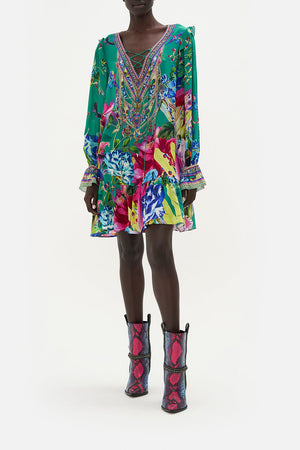 HIGH LOW RUFFLE WRAP DRESS RUN FROM PARADISE