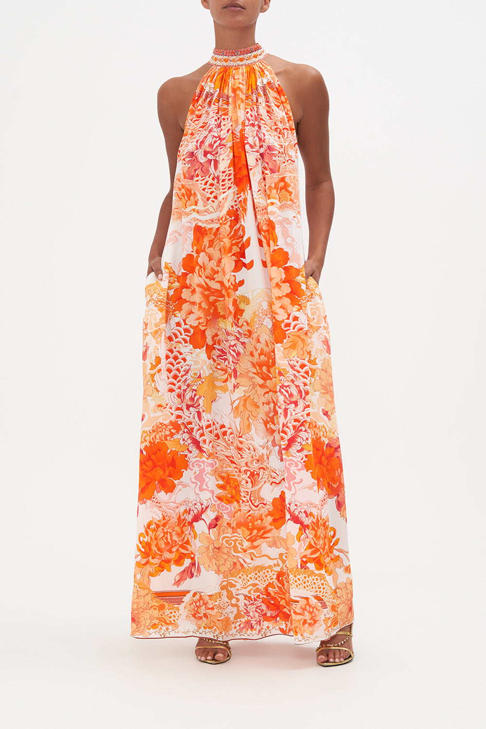 TIE NECK LONG DRESS DRAGON MOTHER