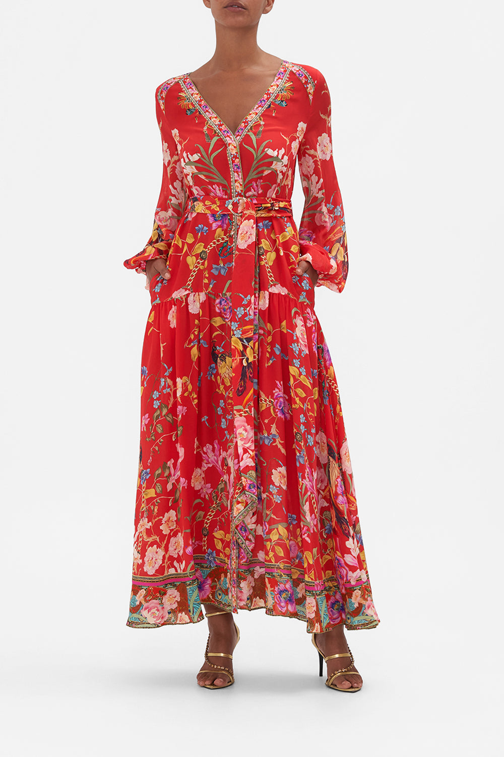 V NECK DRESS WITH BELT RUFFLE SOME FEATHERS