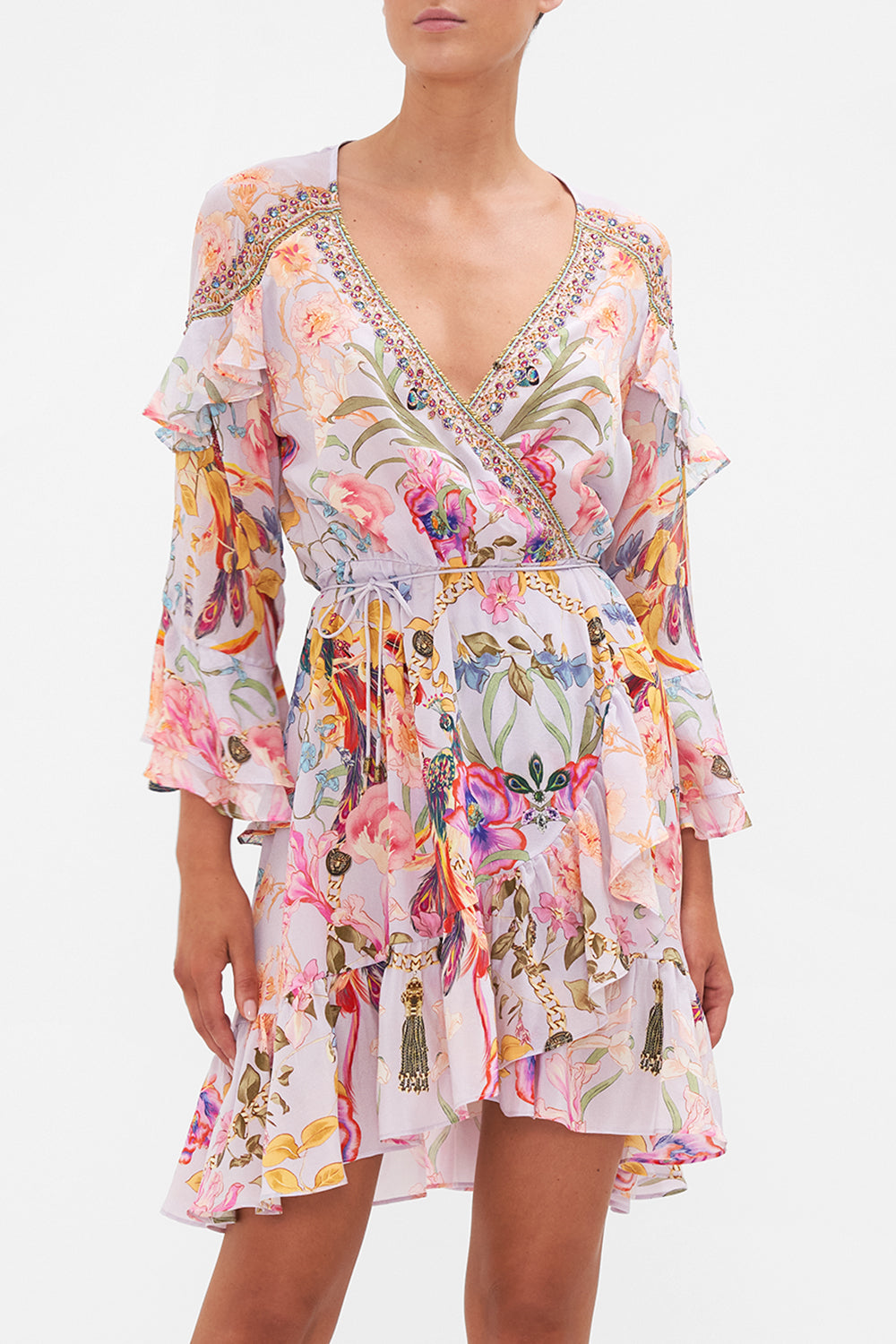 SHORT WRAP DRESS WITH RUFFLES NATURES KALEIDOSCOPE