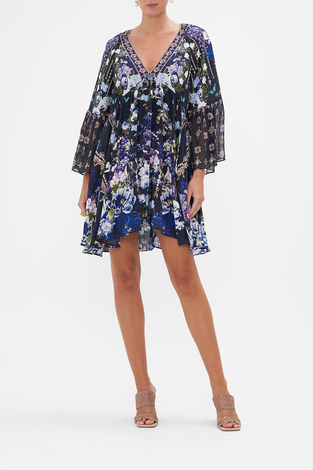 A-Line Ruffle Sleeve Dress Obsidian Bloom print by CAMILLA