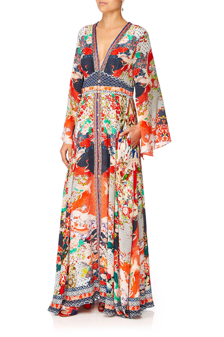 KIMONO SLEEVE DRESS WITH SHIRRING DETAIL FAN DANCE