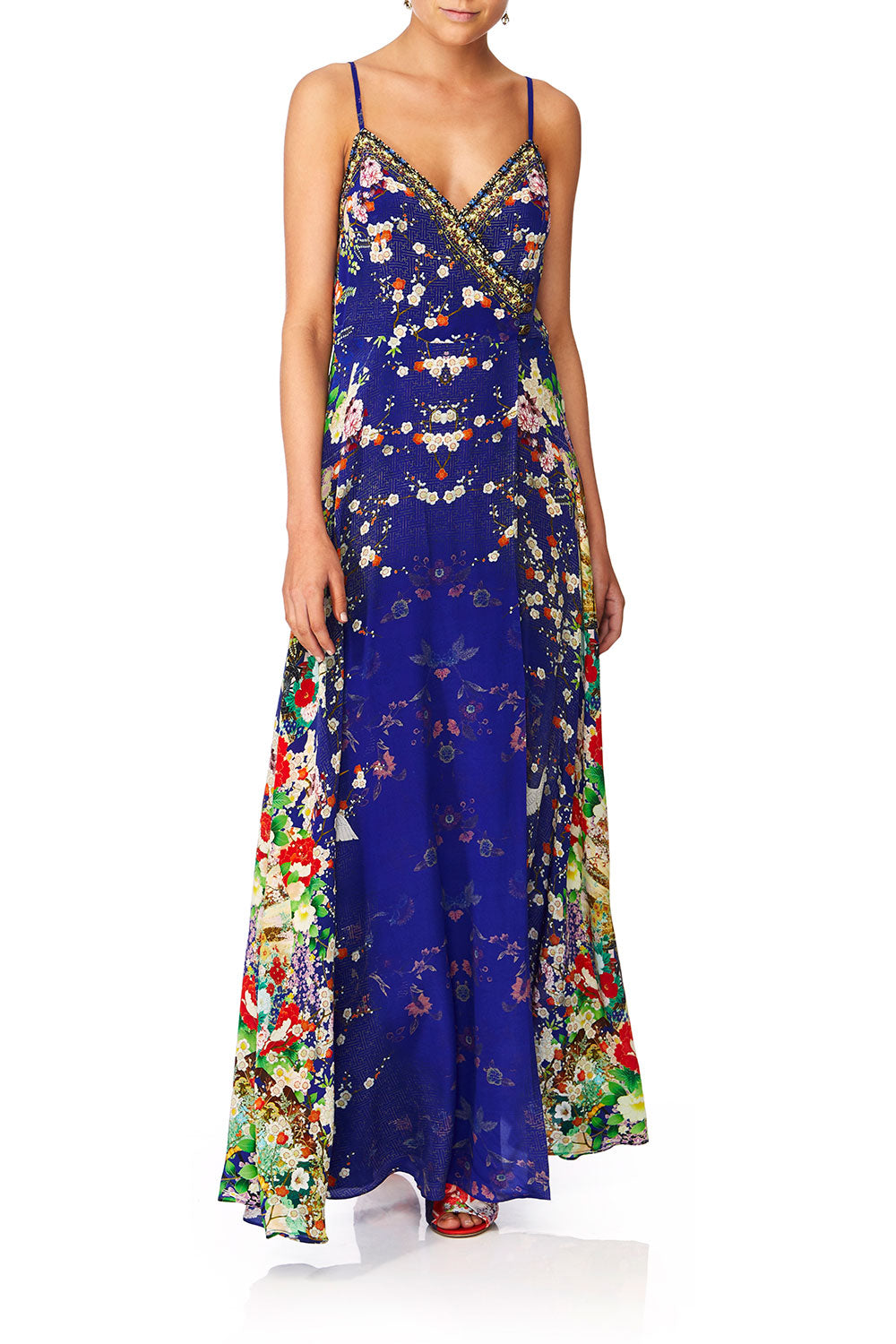 CAMILLA MAIKOS MIDNIGHT CROSS OVERLAY HALTER DRESS