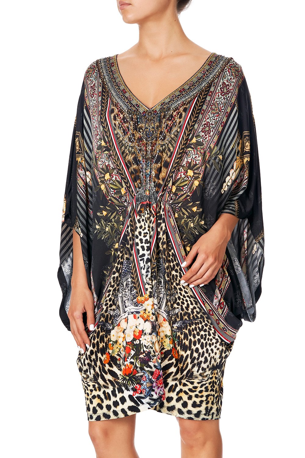 CAMILLA BAT SLEEVE DRESS WITH GATHERED WAIST MARAIS AT MIDNIGHT