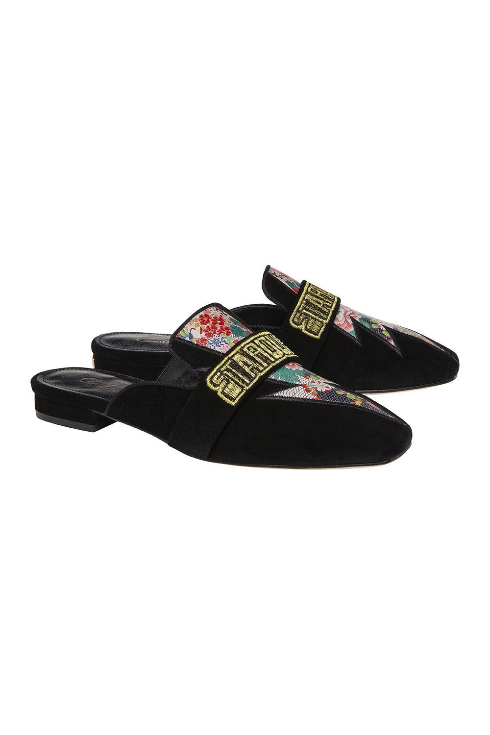 CAMILLA BLACK SQUARE TOE SLIPPER WITH STRAP