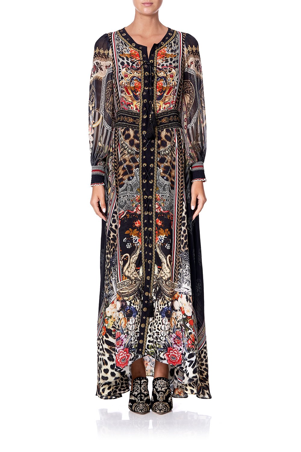 LACE UP DRESS WITH BLOUSON SLEEVE MARAIS AT MIDNIGHT