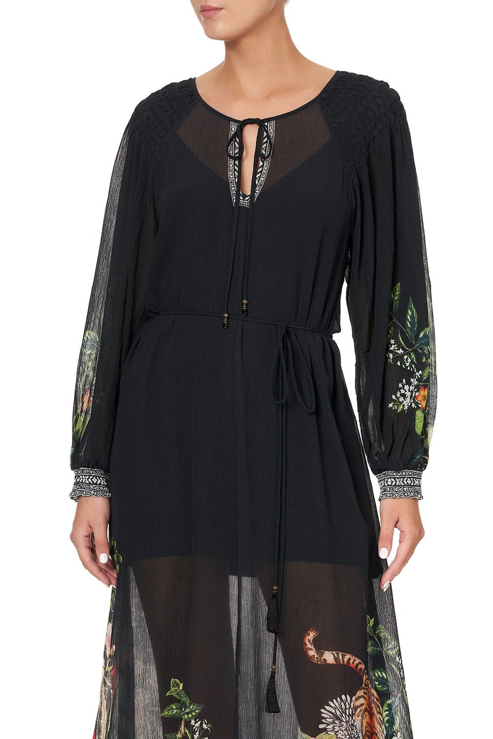 DRESS WITH SMOCKED SLEEVE RAISED WITH WOLVES