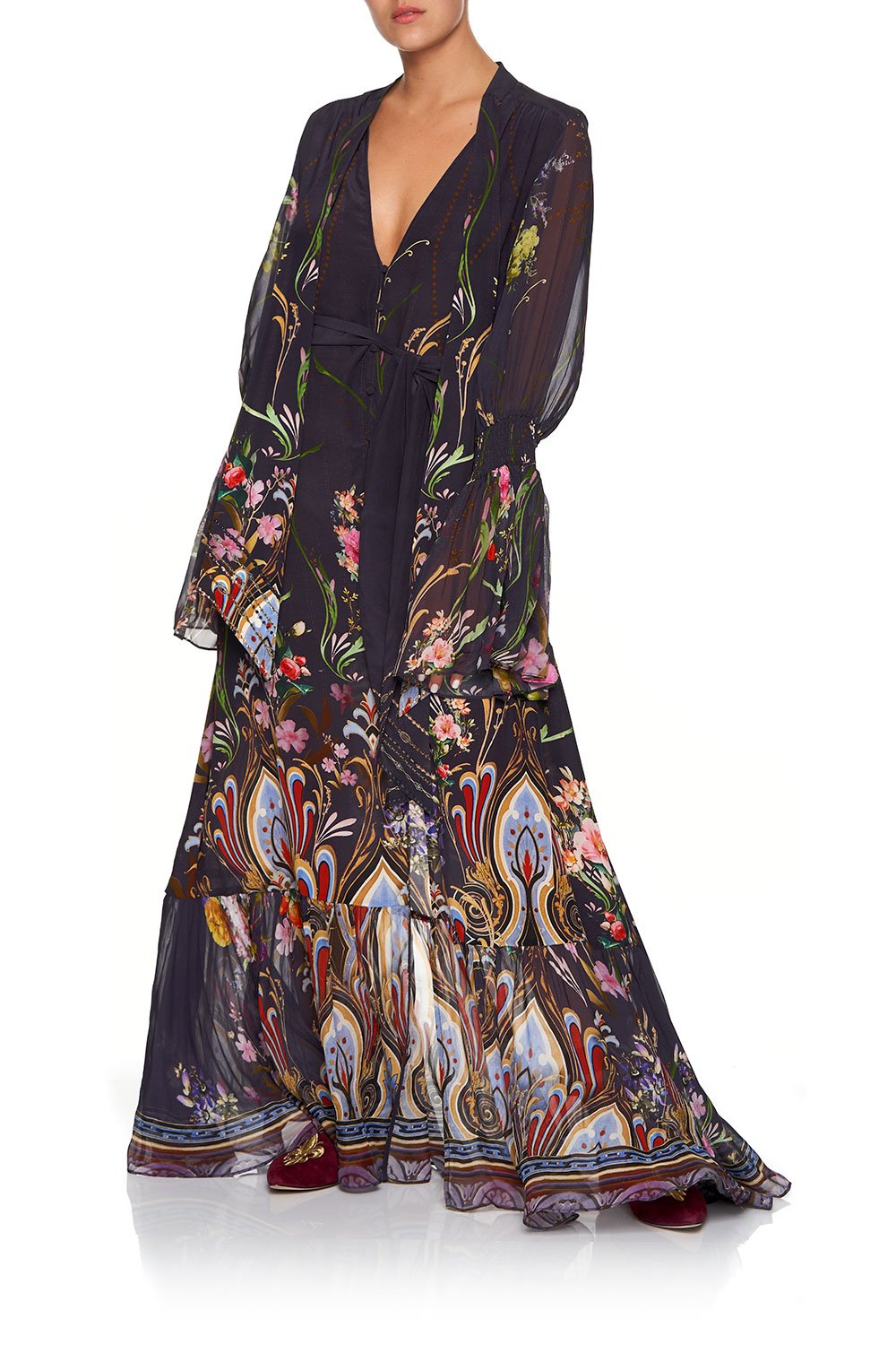 CAMILLA ELASTIC SLEEVE TIE FRONT DRESS WILD FLOWER