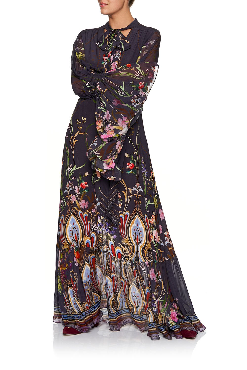 CAMILLA ELASTIC SLEEVE TIE FRONT DRESS WILD FLOWER