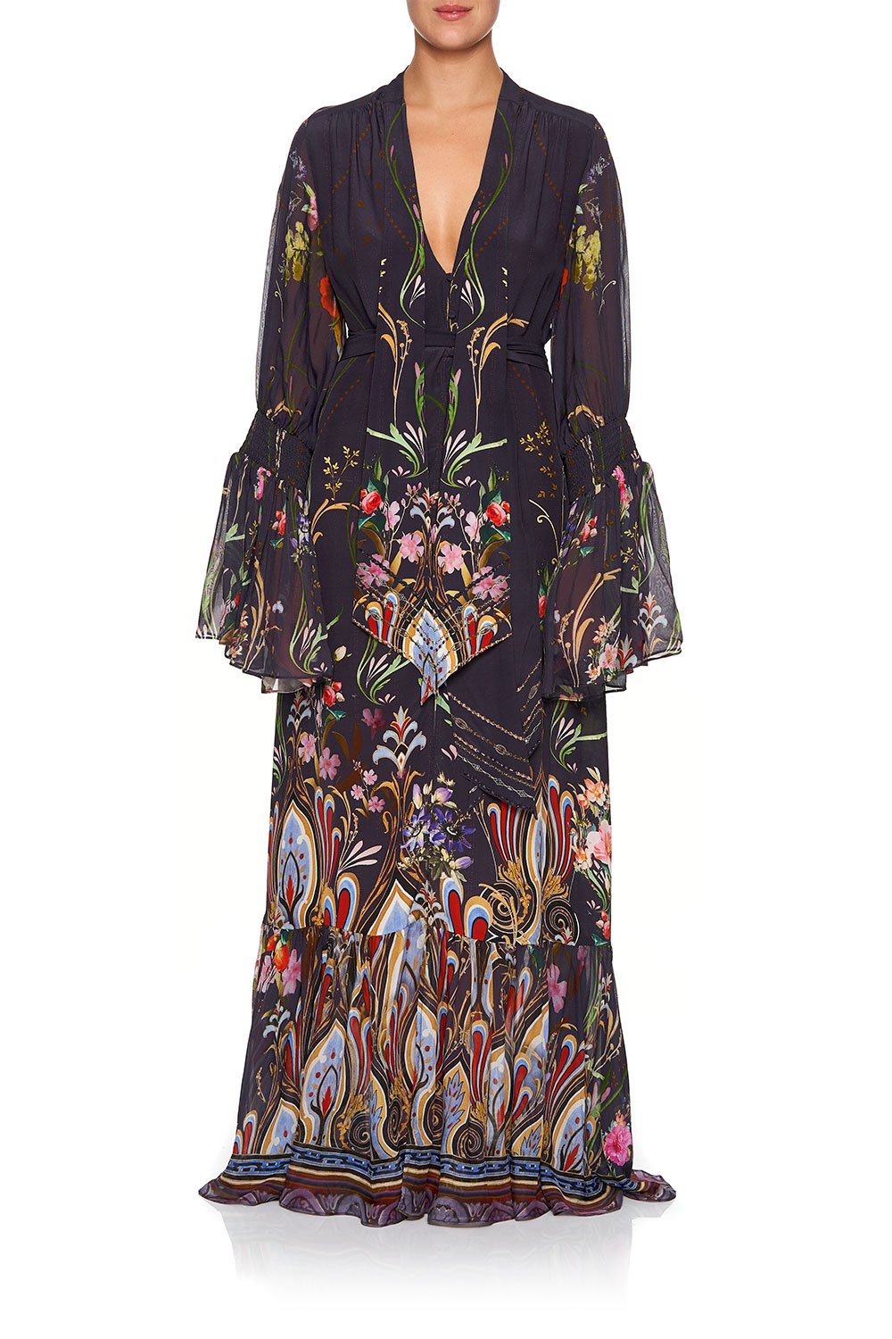 CAMILLA ELASTIC SLEEVE TIE FRONT DRESS WILD FLOWER