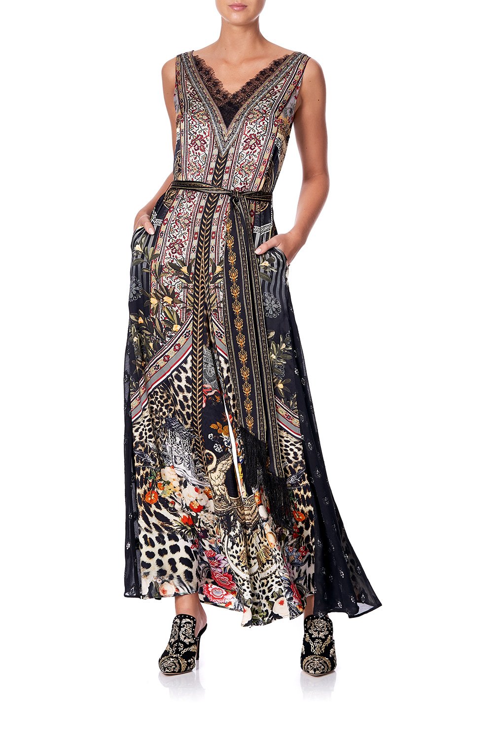 LACE TRIM JUMPSUIT WITH GODET MARAIS AT MIDNIGHT