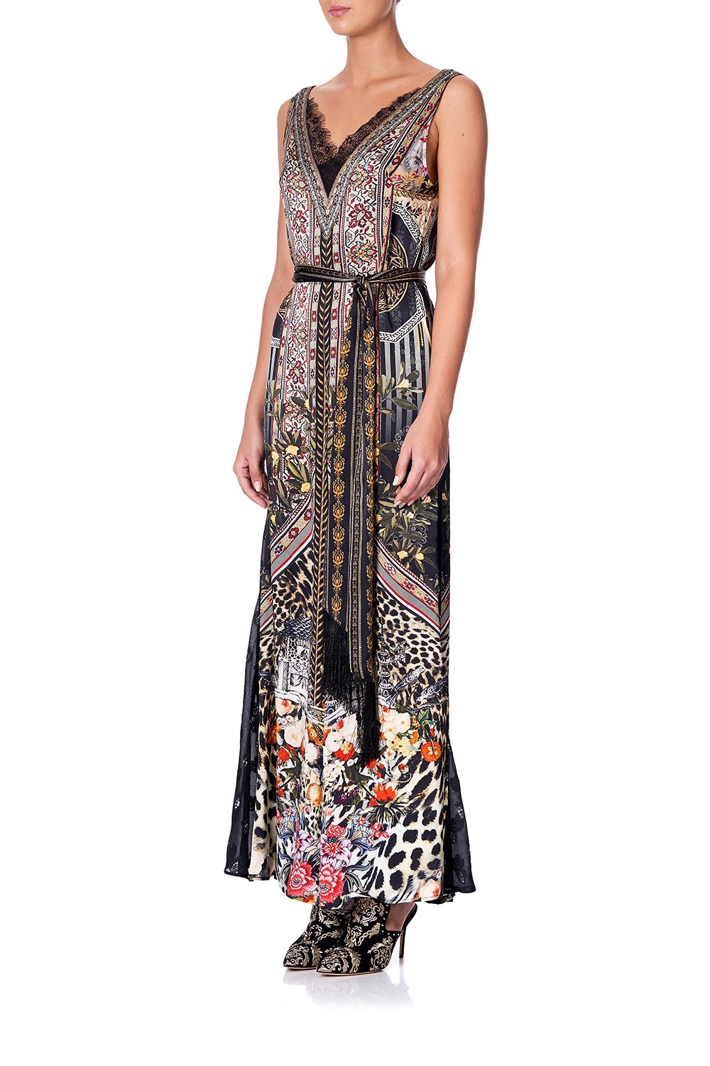 LACE TRIM JUMPSUIT WITH GODET MARAIS AT MIDNIGHT