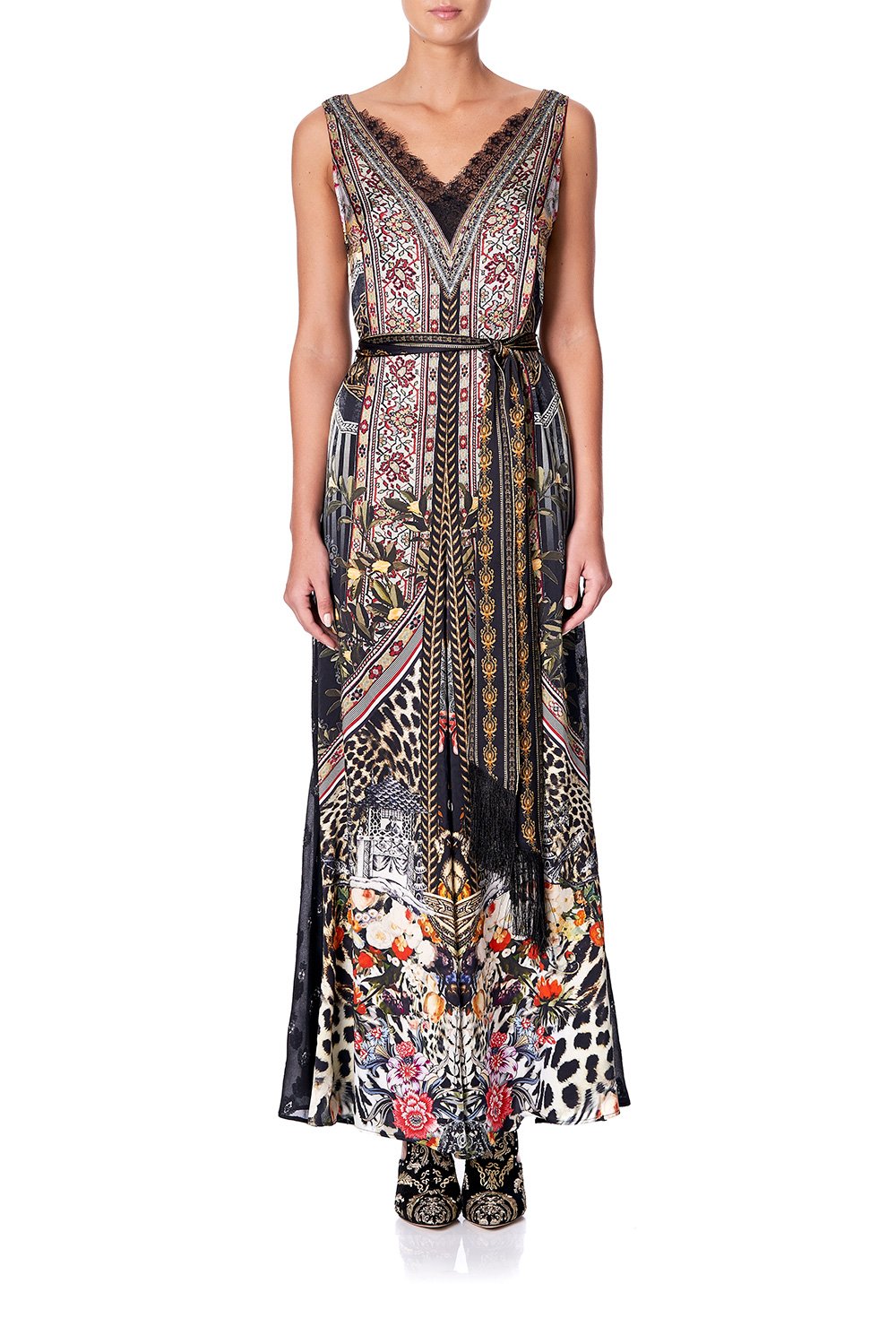 LACE TRIM JUMPSUIT WITH GODET MARAIS AT MIDNIGHT