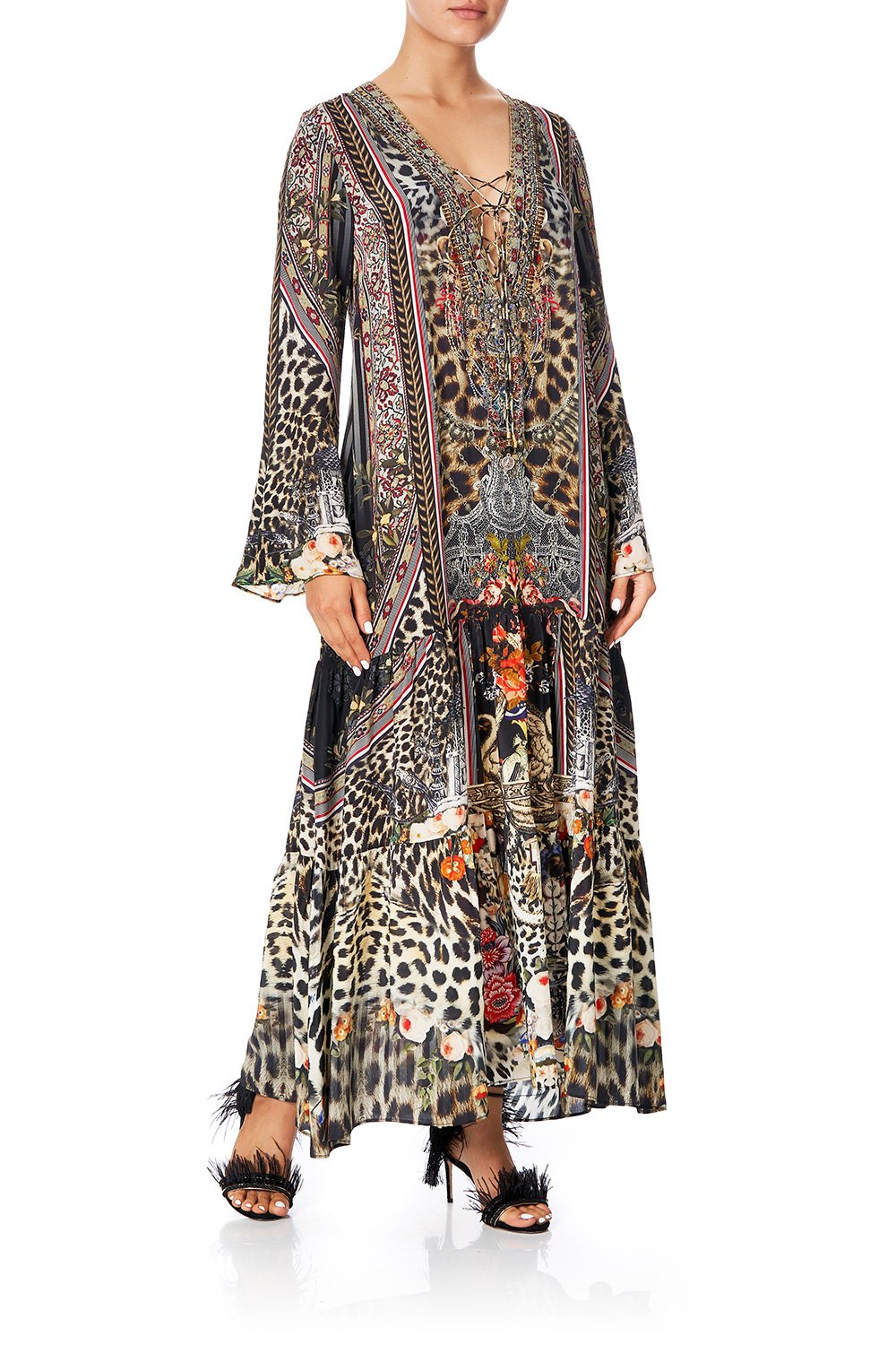 CAMILLA LACE UP DRESS WITH TIERED HEM MARAIS AT MIDNIGHT