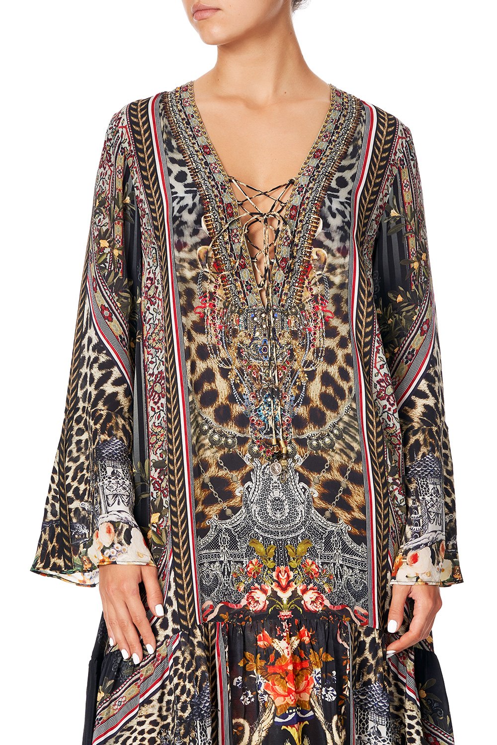 CAMILLA LACE UP DRESS WITH TIERED HEM MARAIS AT MIDNIGHT