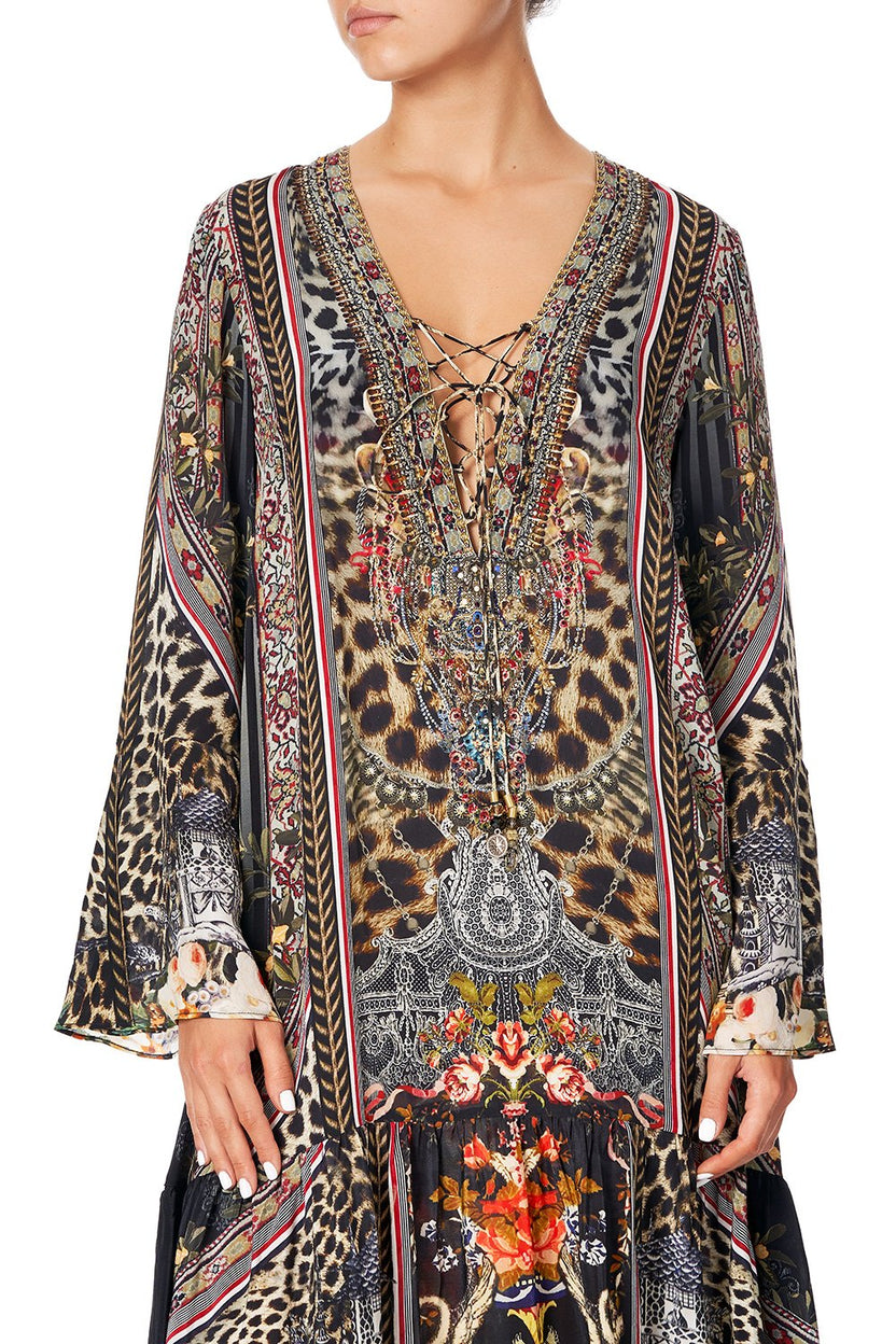 LACE UP DRESS WITH BLOUSON SLEEVE MARAIS AT MIDNIGHT