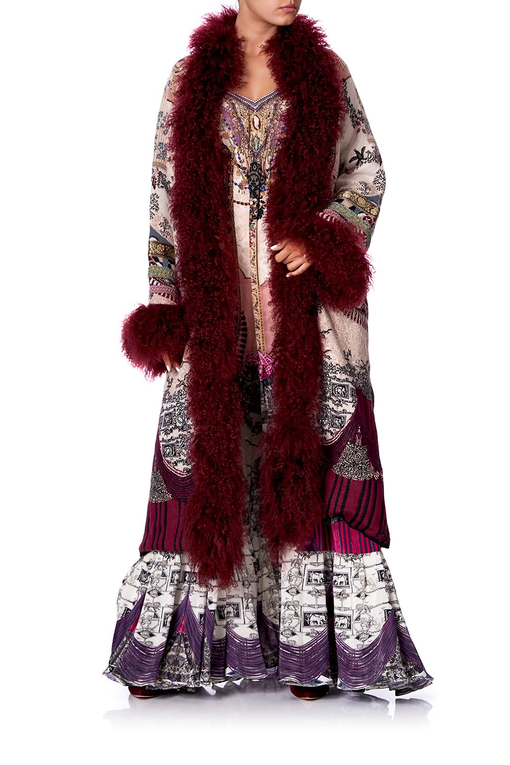 LONG KNIT JACQUARD COAT WITH FUR VIOLET CITY