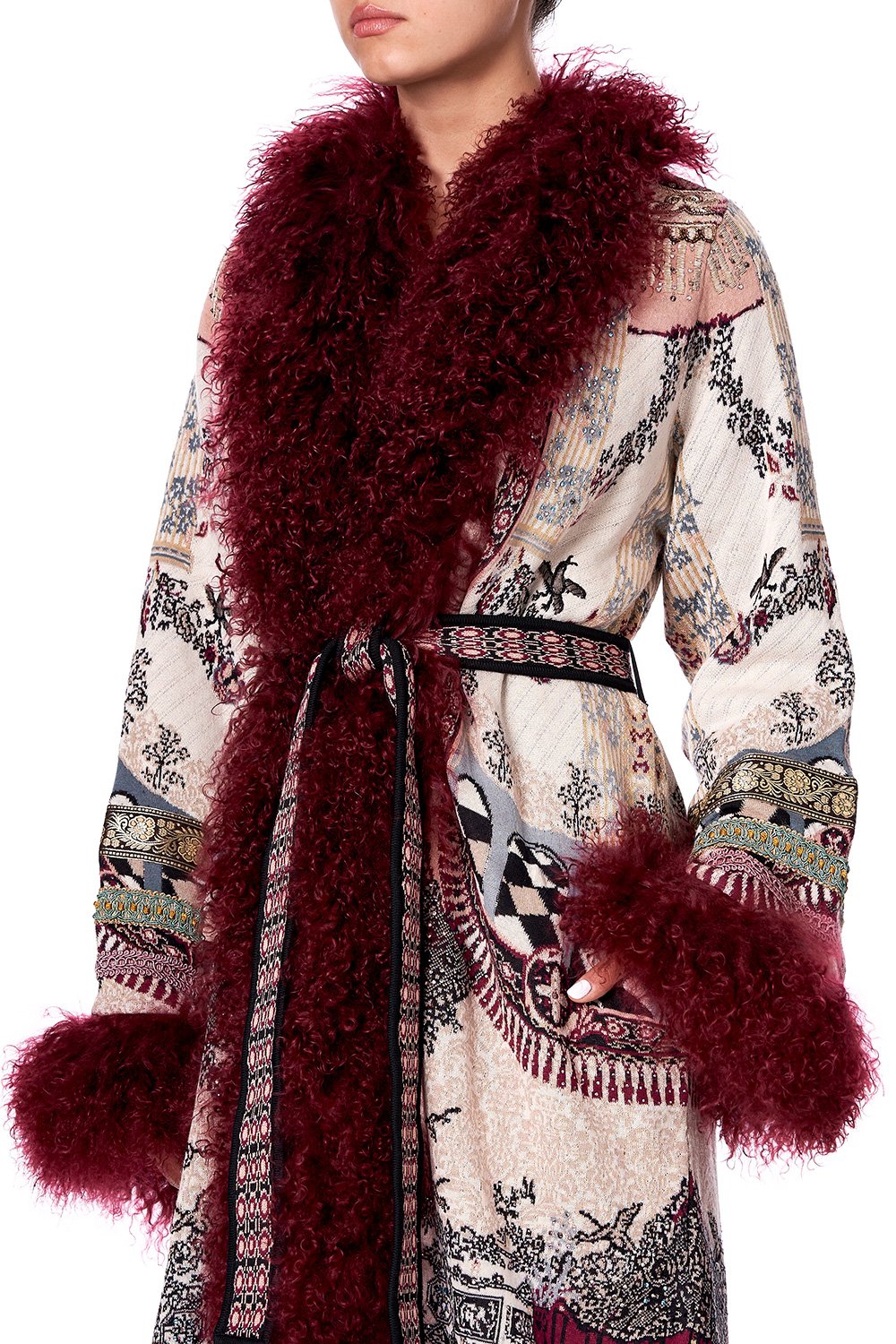 LONG KNIT JACQUARD COAT WITH FUR VIOLET CITY