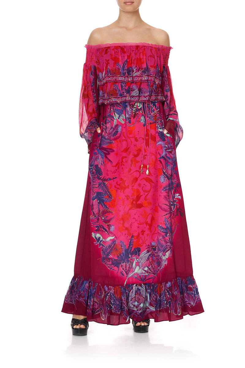 chinese dress ladies Veda Long Sleeve Floral Tiered Ruffle Maxi Dress Blue
