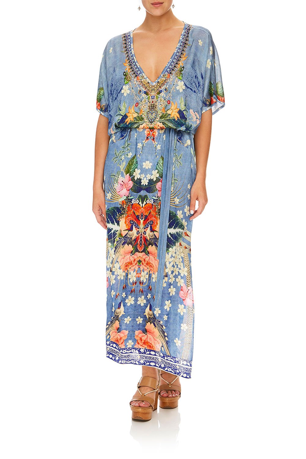 CAMILLA FARAWAY FLORALS LONG V NECK DRESS W/ TIE