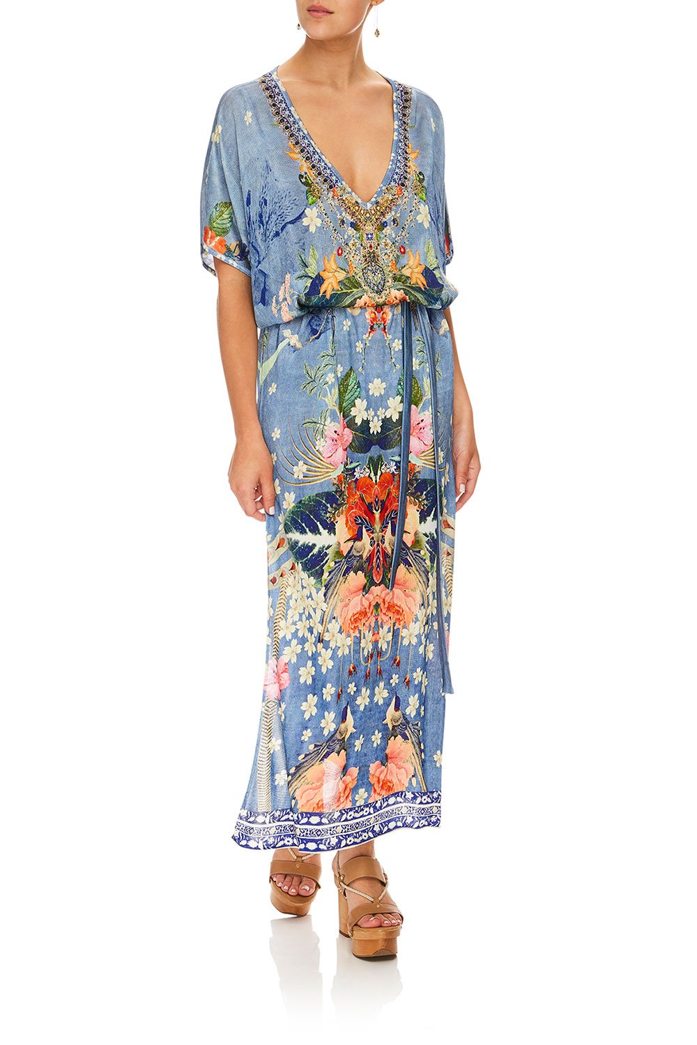 CAMILLA FARAWAY FLORALS LONG V NECK DRESS W/ TIE