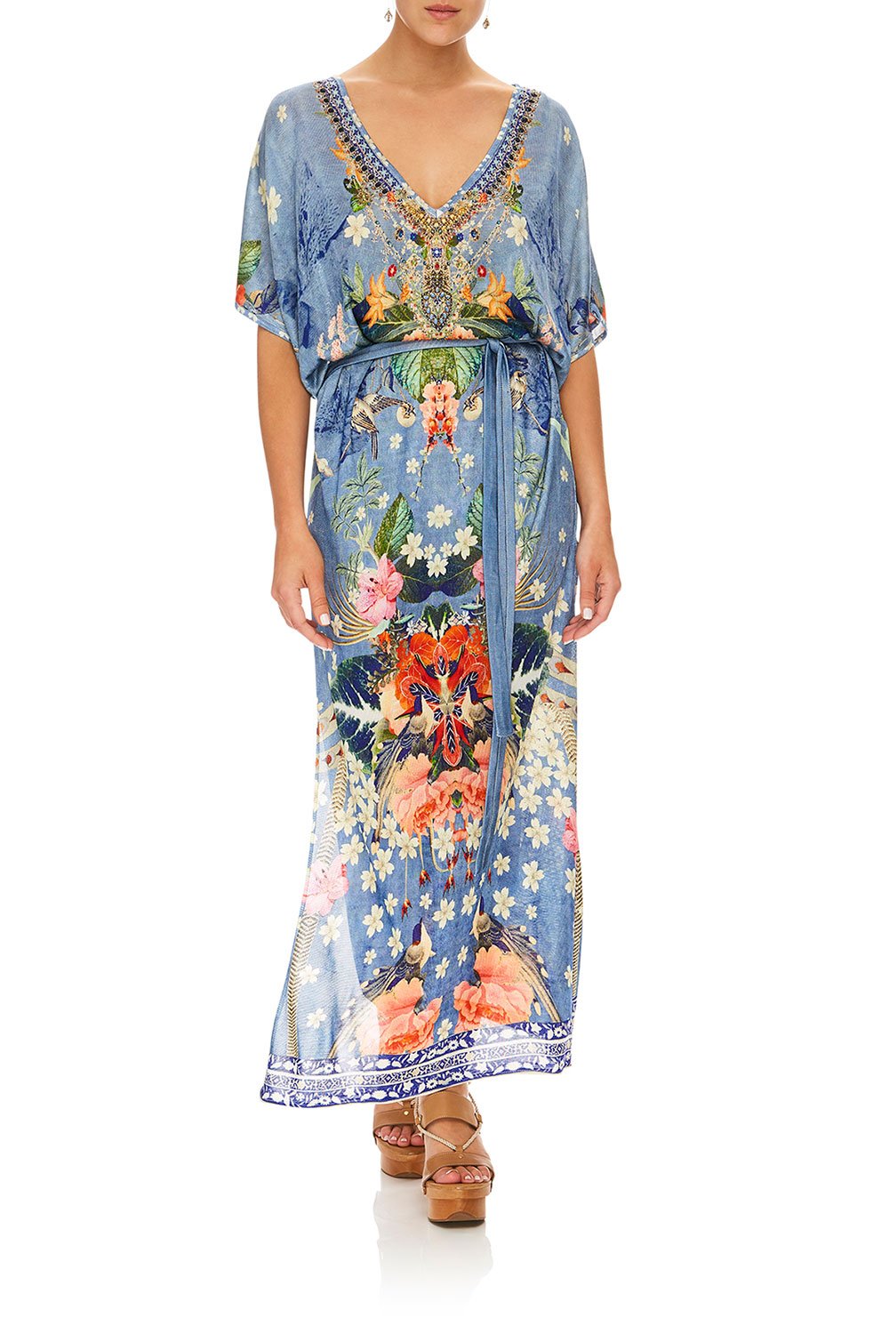 CAMILLA FARAWAY FLORALS LONG V NECK DRESS W/ TIE
