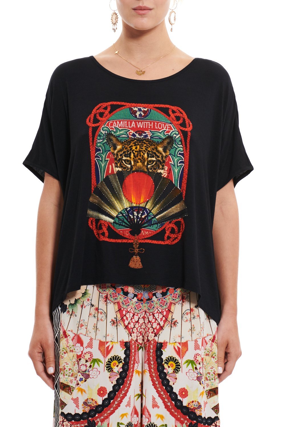 LOOSE FIT ROUND NECK TEE BLACK LEOPARD FAN