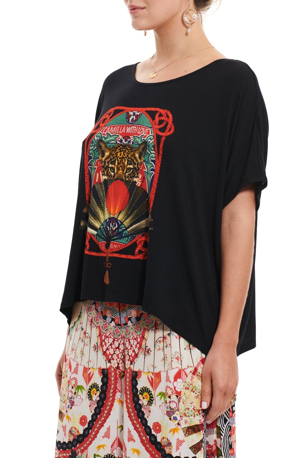 LOOSE FIT ROUND NECK TEE BLACK LEOPARD FAN
