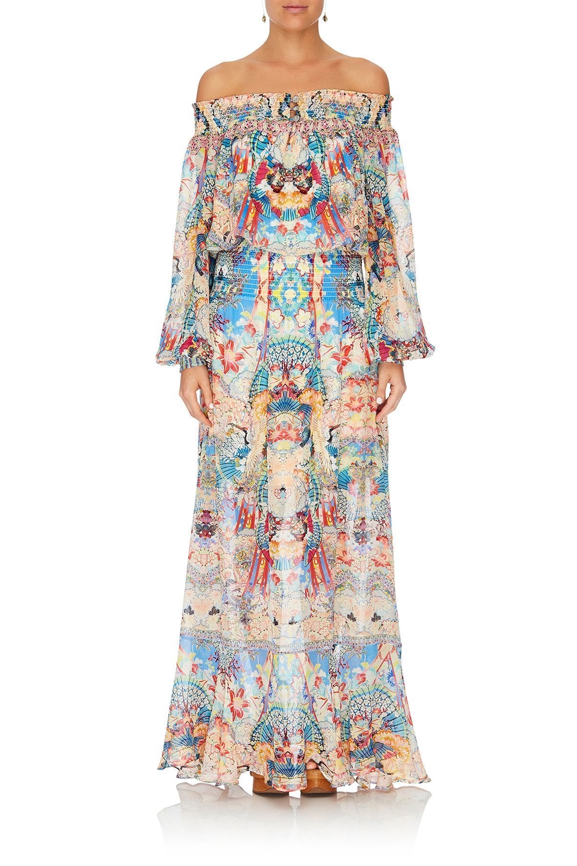 OFF SHOULDER SHIRRED DRESS MISO IN LOVE