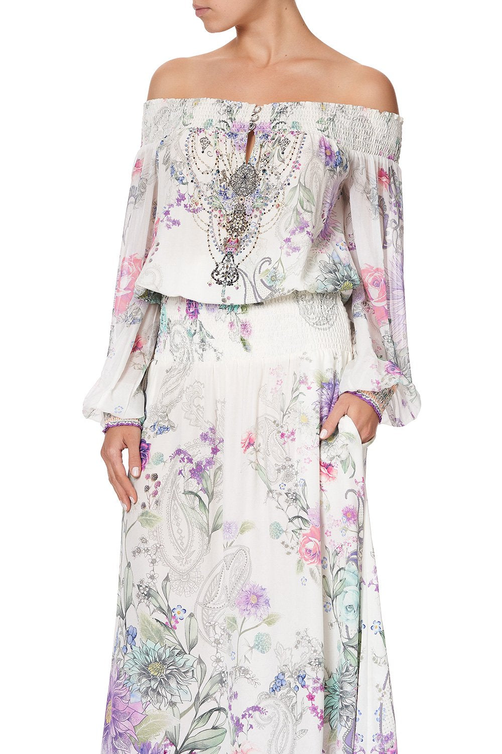 OFF SHOULDER SHIRRED DRESS FOREVER FAR