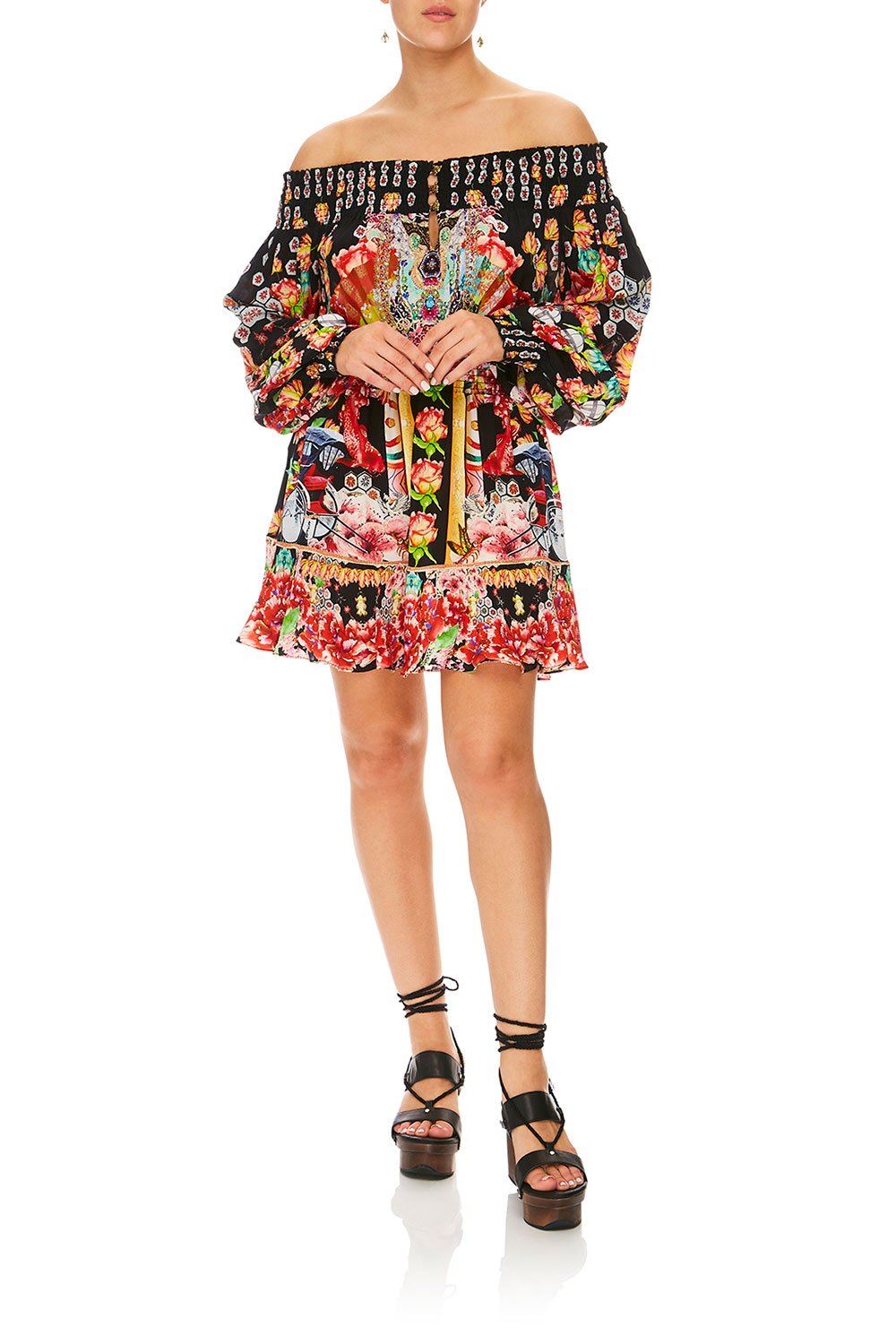 CAMILLA PAINTED LAND OFF SHOULDER SHORT DRESS