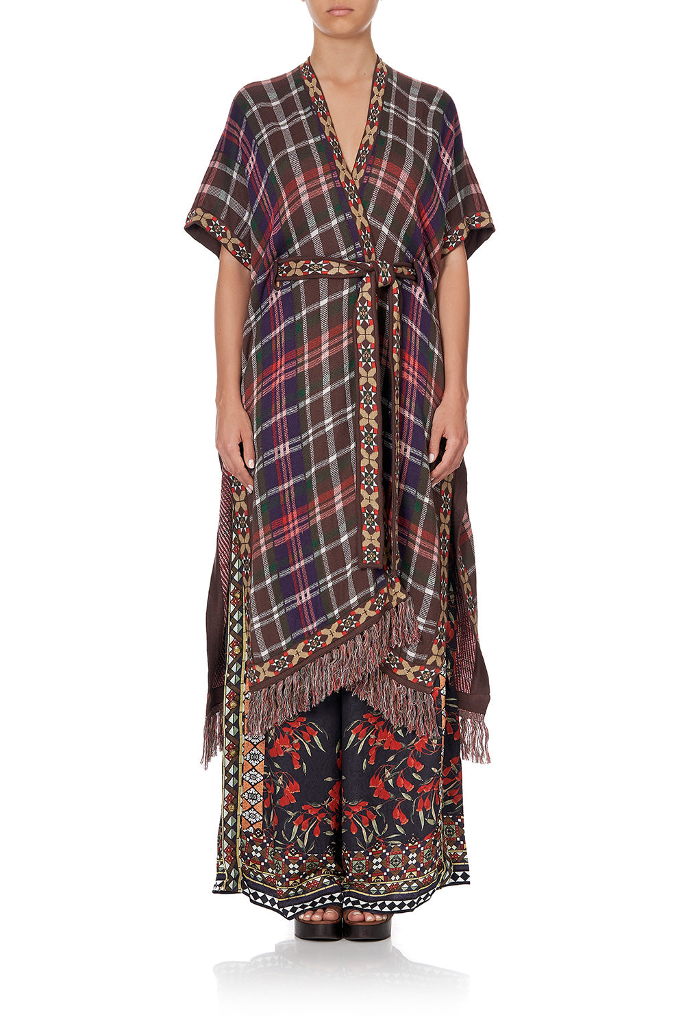 TIE FRONT PONCHO WITH FRINGING PAVED IN PAISLEY