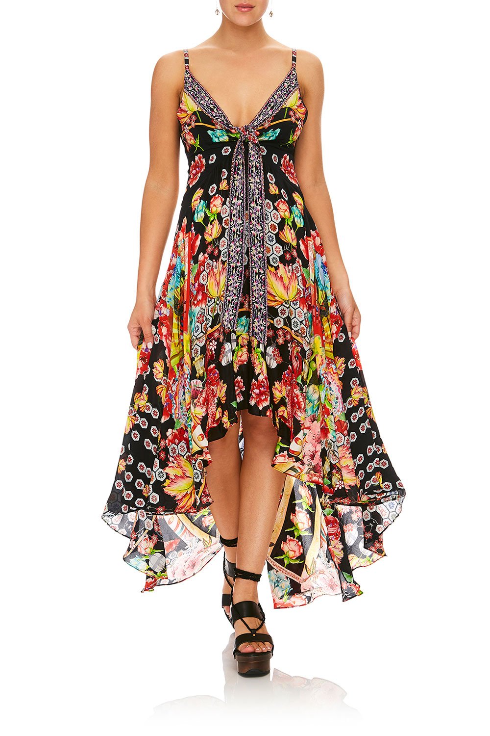 CAMILLA PAINTED LAND TIE DETAIL HIGH LOW DRESS