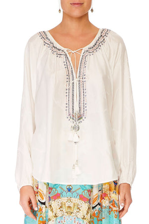 CAMILLA SOLID WHITE TIE FRONT HIGH LOW HEM BLOUSE