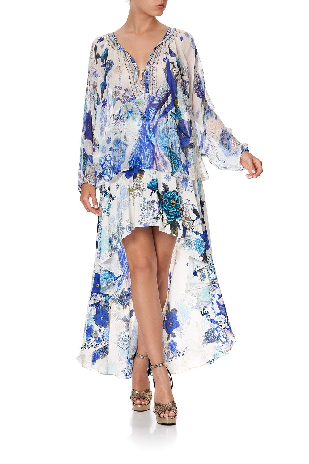 TIE FRONT HIGH LOW HEM BLOUSE WHITE SIDE OF THE MOON