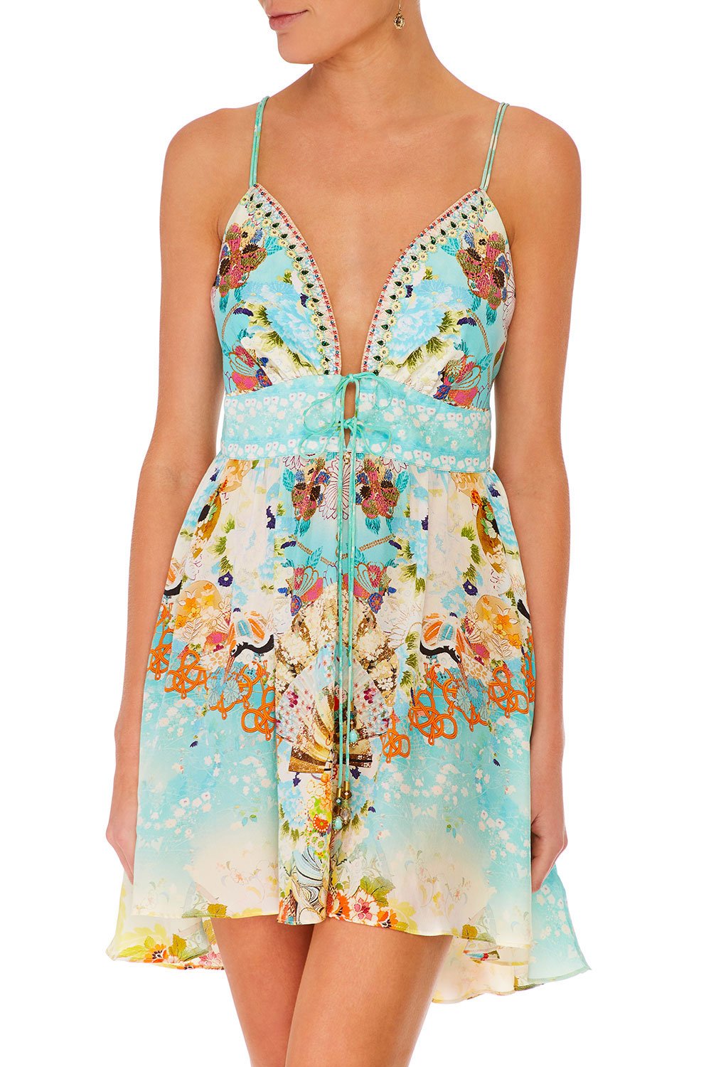 CAMILLA TIE FRONT MINI DRESS RETRO'S RAINBOW