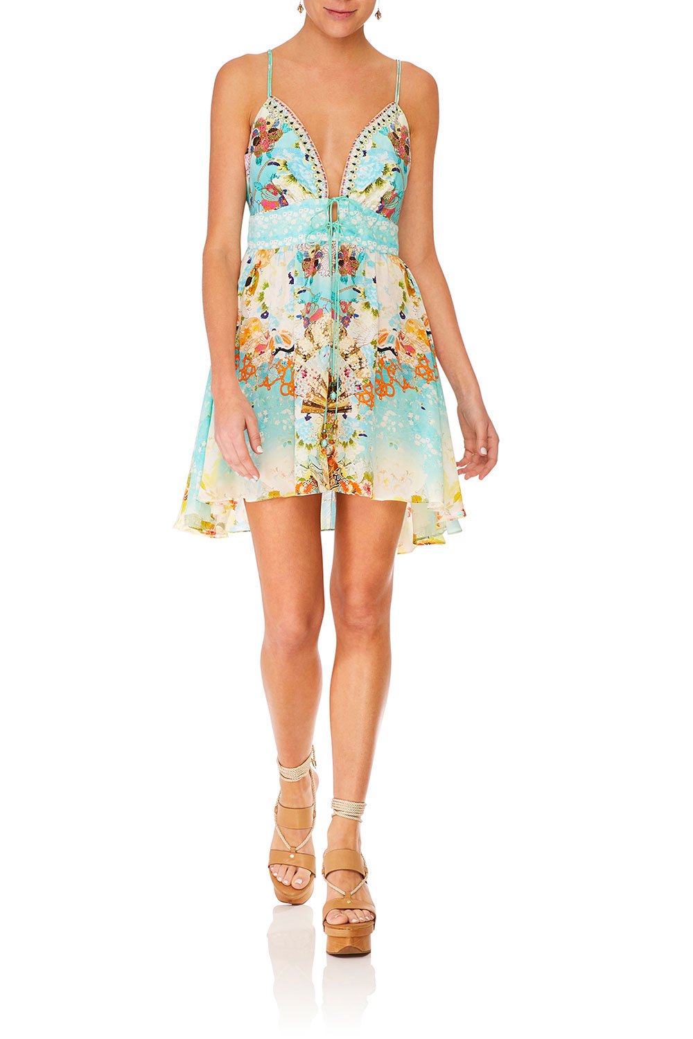 CAMILLA TIE FRONT MINI DRESS RETRO'S RAINBOW