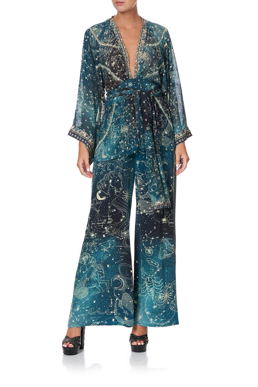 TIE FRONT WIDE SLEEVE BLOUSE WITH SHIRRED BACK JUNGLE LANGUAGE