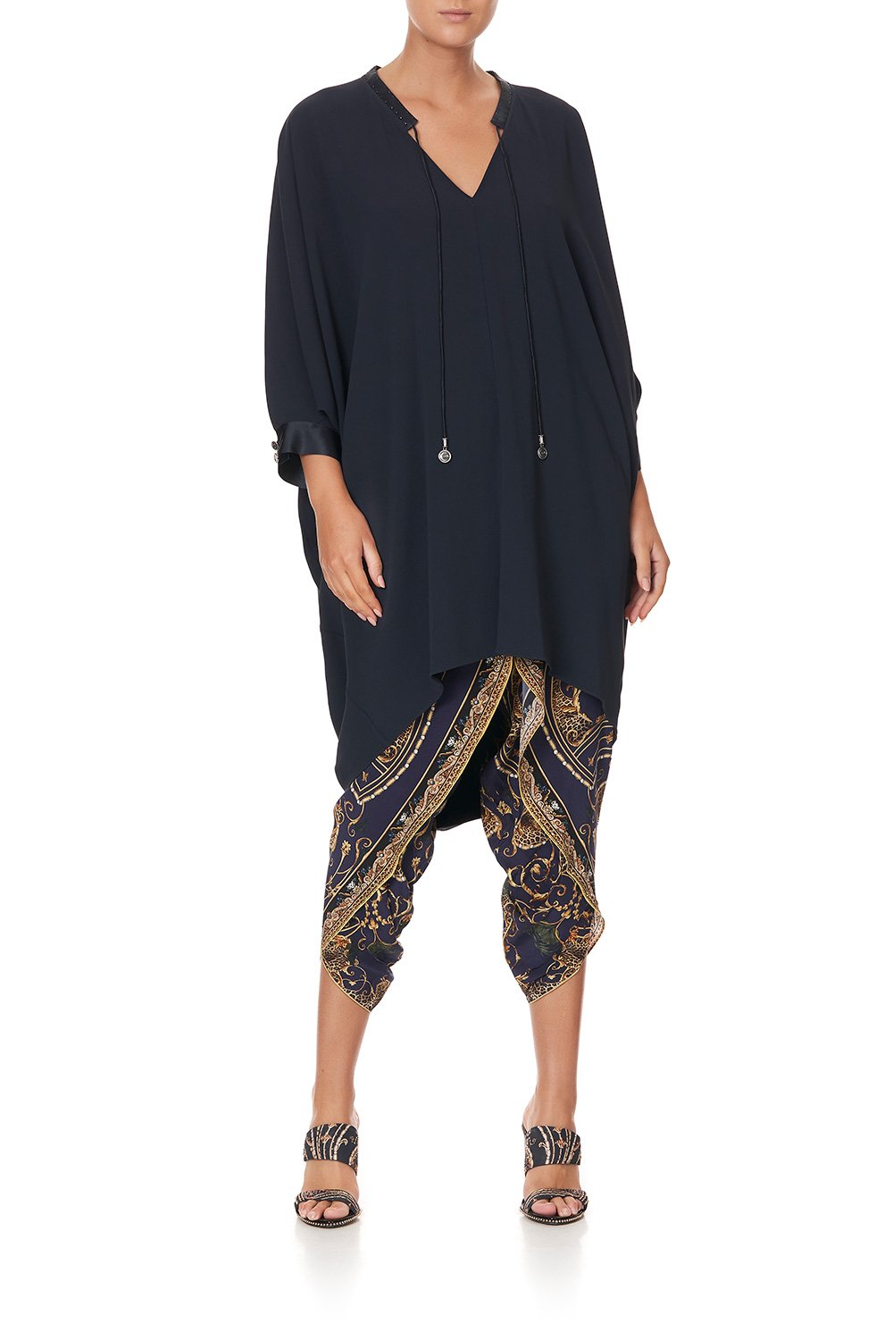 V-NECK DRESS WITH DRAPED BACK SOLID NAVY