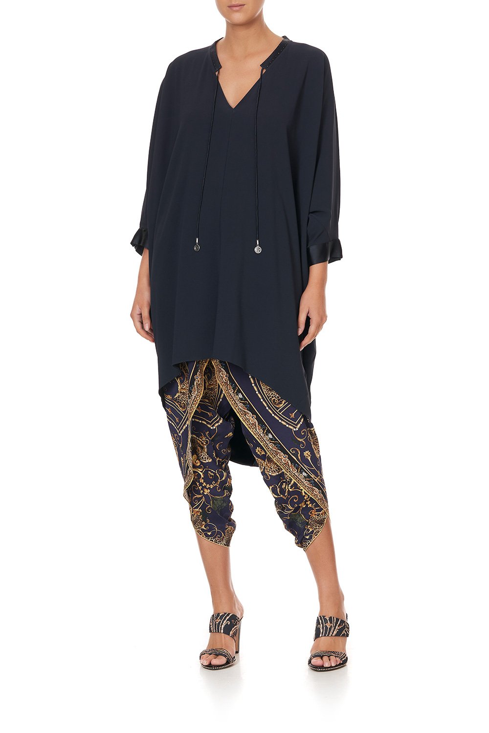 V-NECK DRESS WITH DRAPED BACK SOLID NAVY