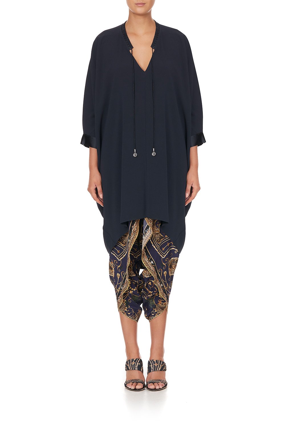 V-NECK DRESS WITH DRAPED BACK SOLID NAVY