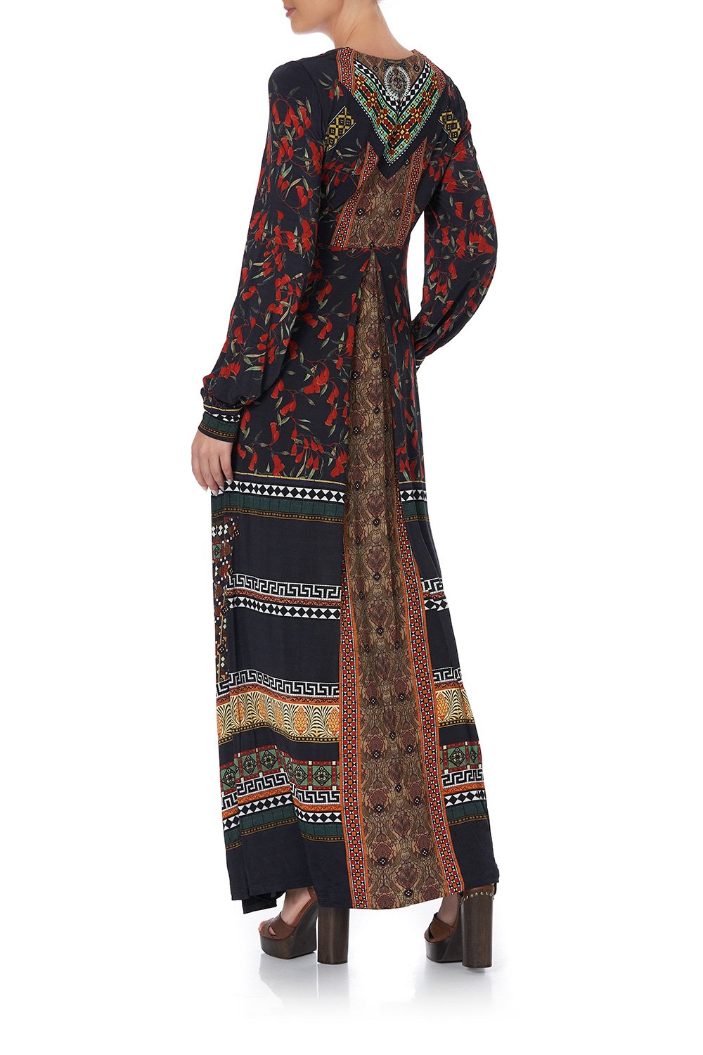 V NECK JERSEY DRESS WITH TUCK DETAIL PAVED IN PAISLEY