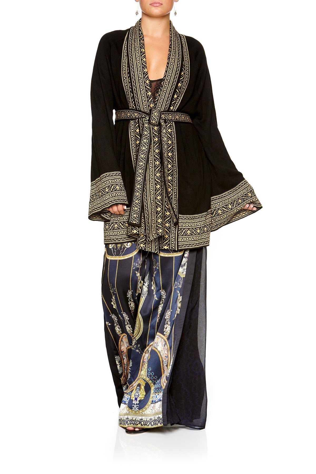 KIMONO KNIT WITH TIE BLACK GOLD