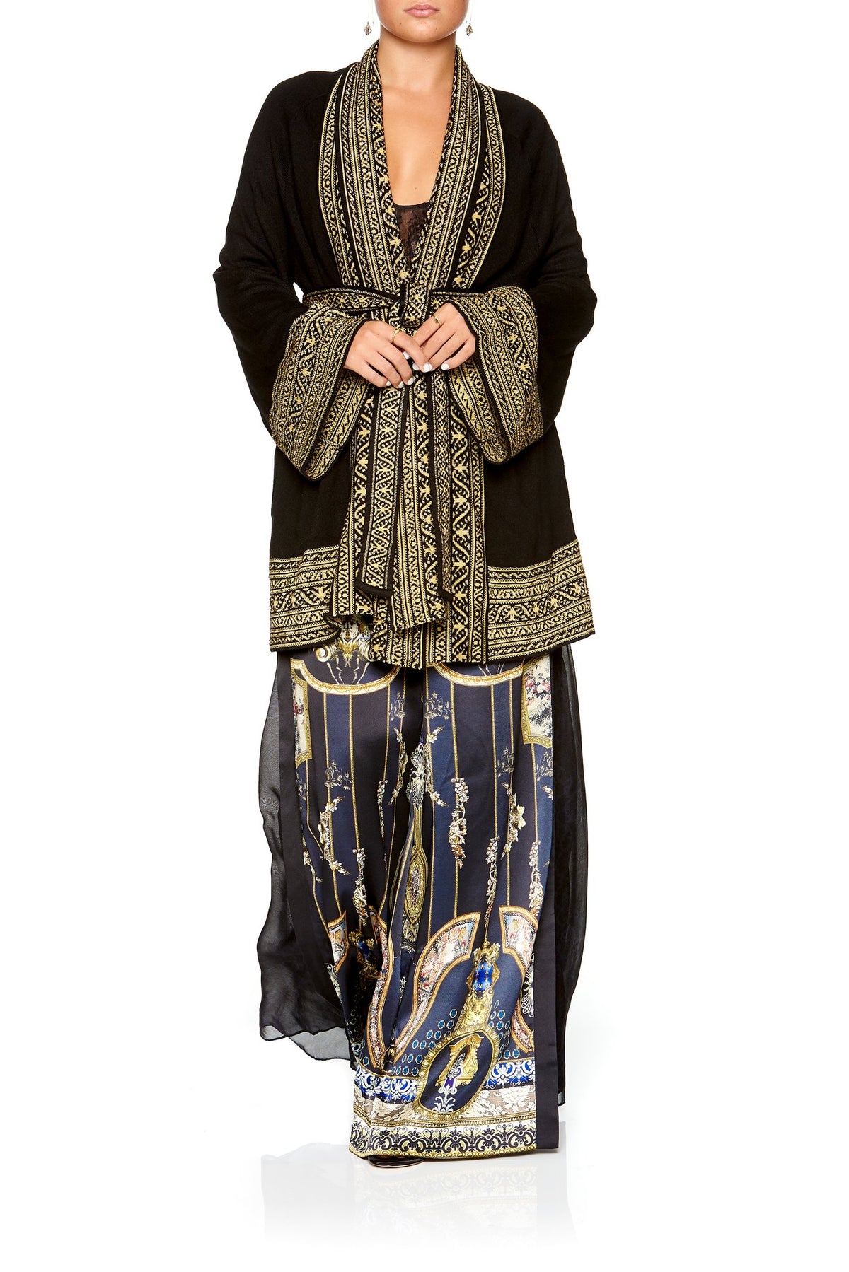 KIMONO KNIT WITH TIE BLACK GOLD