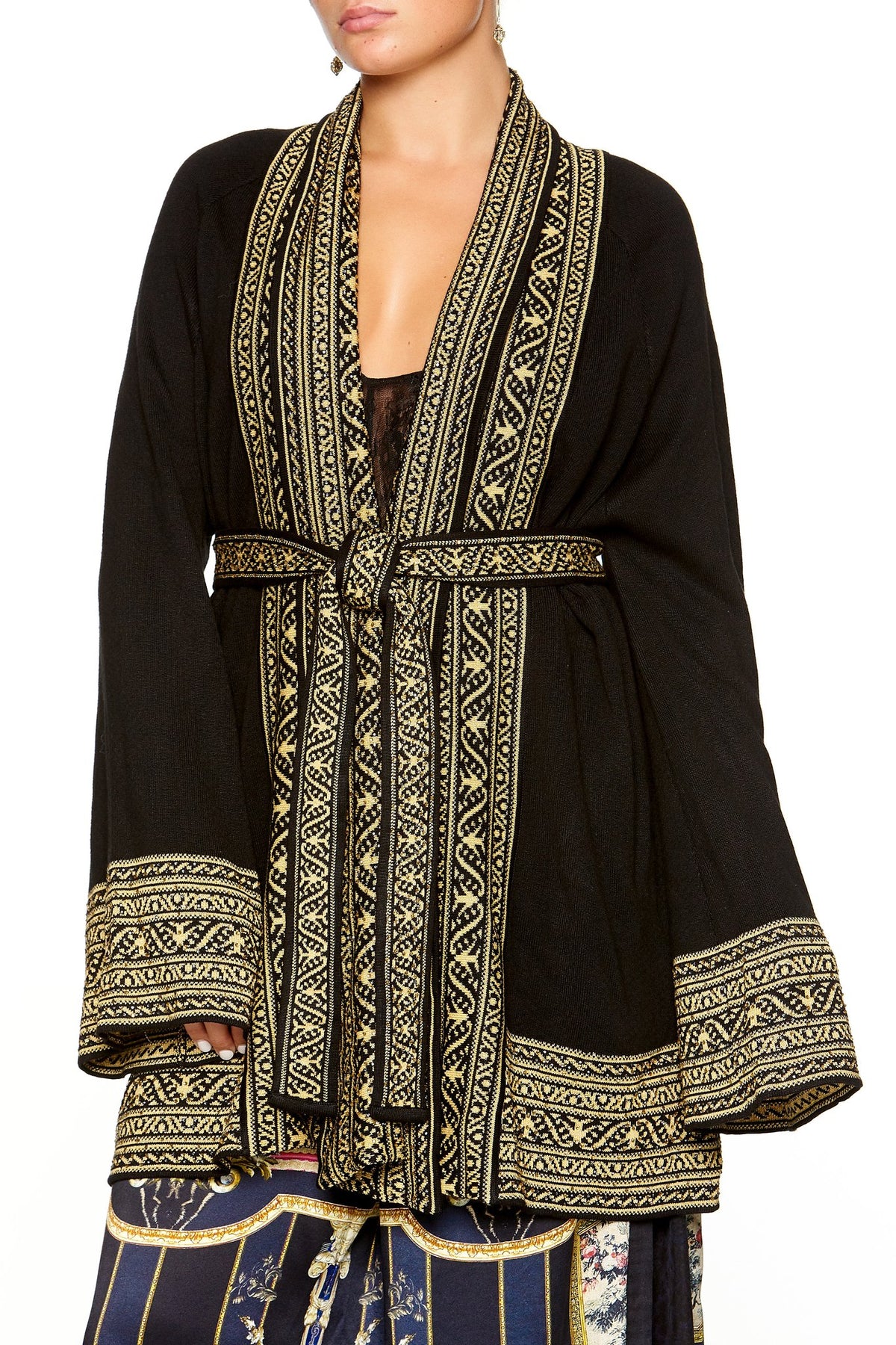 KIMONO KNIT WITH TIE BLACK GOLD